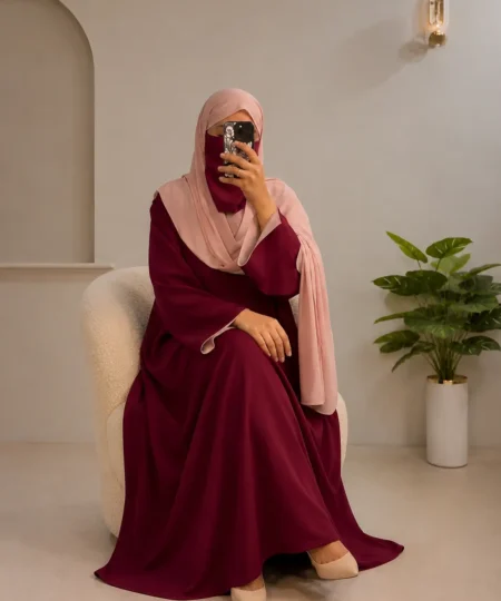Maroon & Light Pink Textured Abaya Set