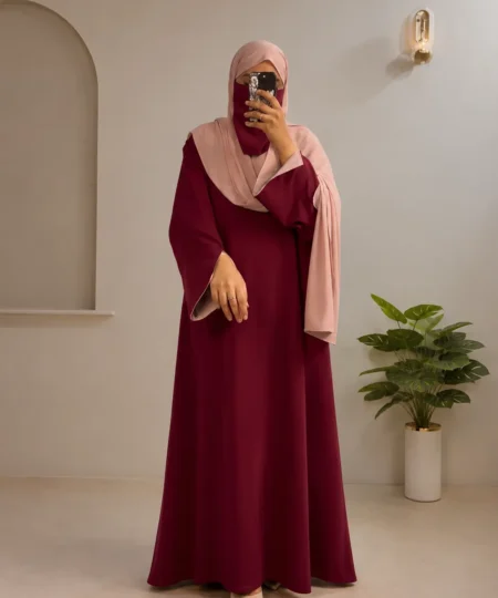 Maroon & Light Pink Textured Abaya Set