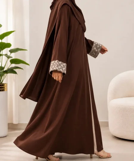 Chocolate Brown Embroidered Wool Peach Abaya