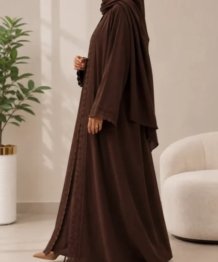 Dark Brown Lace 3-Piece Abaya Set
