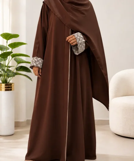 Chocolate Brown Embroidered Wool Peach Abaya