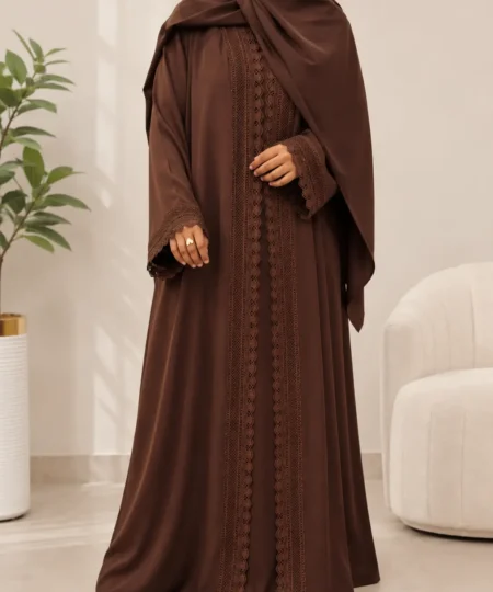 Dark Brown Lace 3-Piece Abaya Set