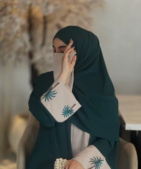 Emerald Green & Beige Palm Embroidered Abaya Set