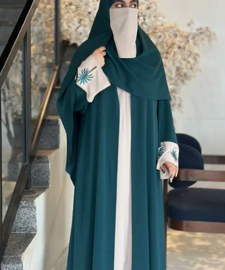 Emerald Green & Beige Palm Embroidered Abaya Set