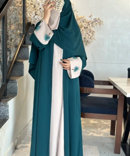 Emerald Green & Beige Palm Embroidered Abaya Set