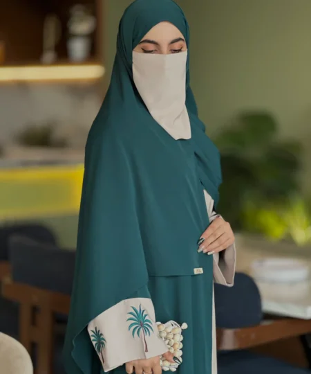 Emerald Green & Beige Palm Embroidered Abaya Set