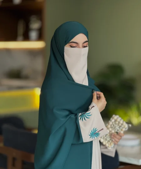 Emerald Green & Beige Palm Embroidered Abaya Set