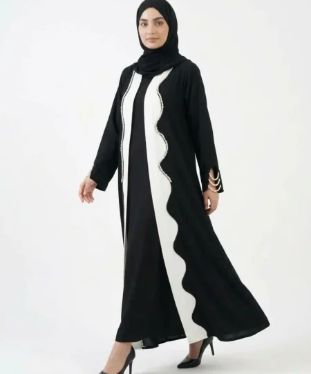 Jet Black & Off-White Pearl Embellished Scalloped Abaya Set