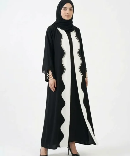 Jet Black & Off-White Pearl Embellished Scalloped Abaya Set