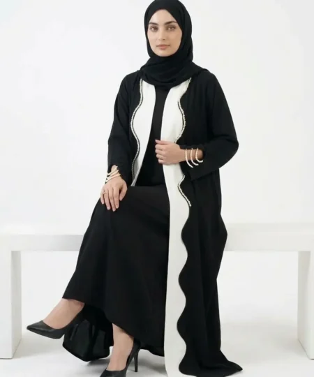 Jet Black & Off-White Pearl Embellished Scalloped Abaya Set