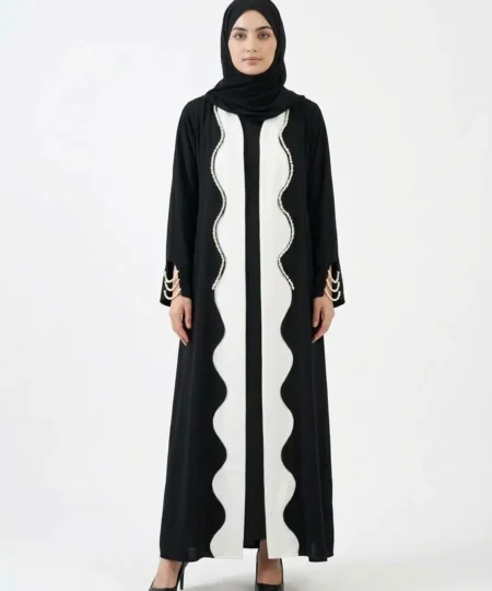 Jet Black & Off-White Pearl Embellished Scalloped Abaya Set