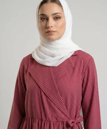 Maroon Striped Coat-Collar Wrap Abaya Dress