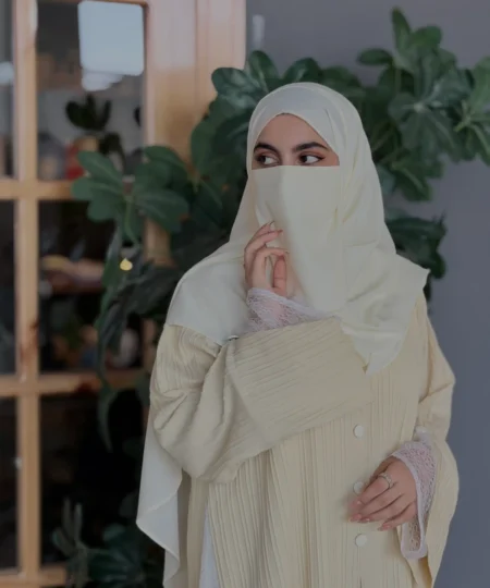 Butter Yellow Textured Net-Detailed Abaya Set