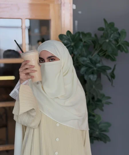 Butter Yellow Textured Net-Detailed Abaya Set