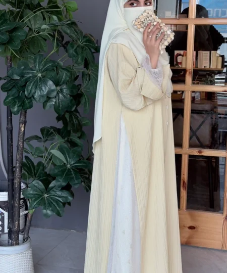 Butter Yellow Textured Net-Detailed Abaya Set
