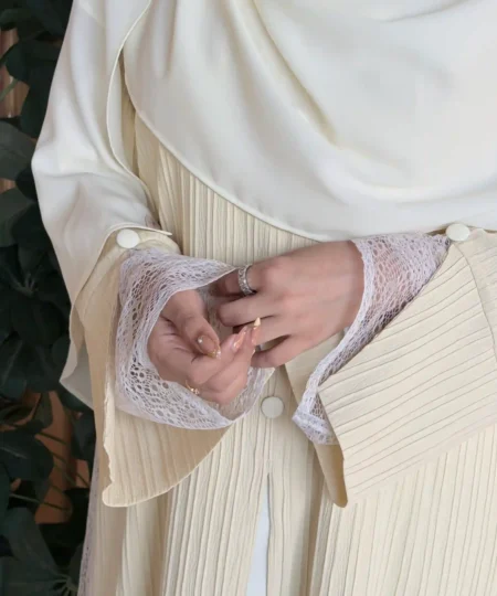 Butter Yellow Textured Net-Detailed Abaya Set