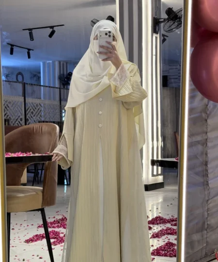 Butter Yellow Textured Net-Detailed Abaya Set