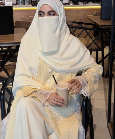 Butter Yellow Textured Net-Detailed Abaya Set