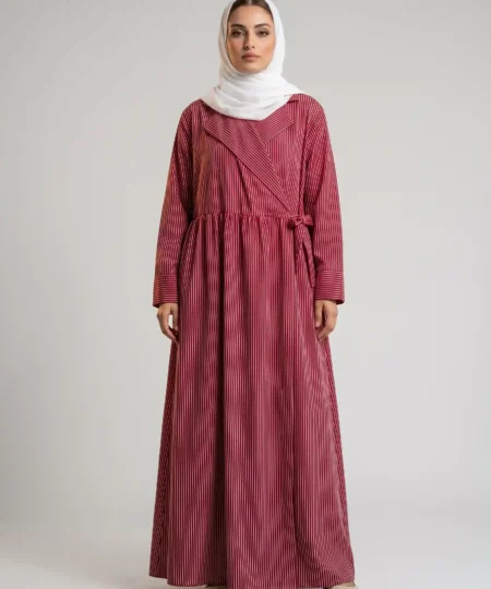 Maroon Striped Coat-Collar Wrap Abaya Dress