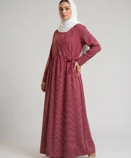 Maroon Striped Coat-Collar Wrap Abaya Dress