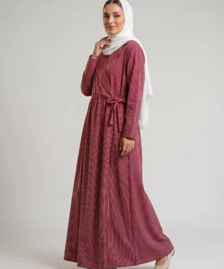 Maroon Striped Coat-Collar Wrap Abaya Dress