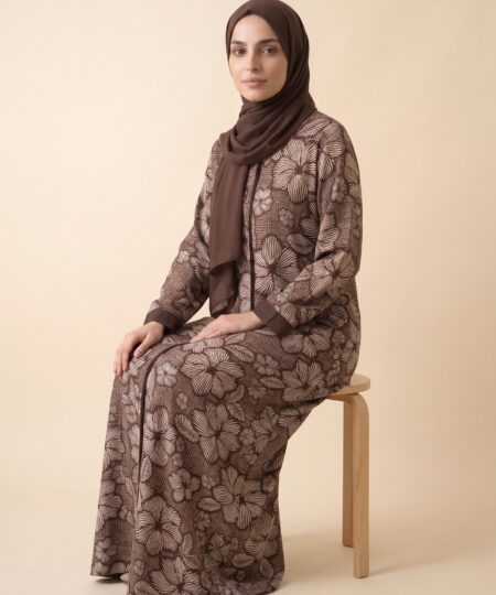 Brown Printed Linen Abaya