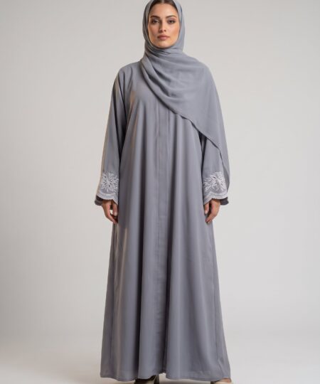 Grey Embroidered Sleeve Nida Abaya Set