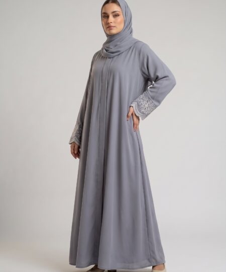 Grey Embroidered Sleeve Nida Abaya Set