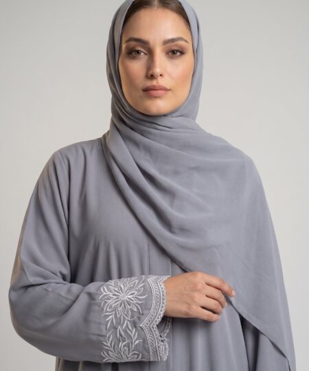 Grey Embroidered Sleeve Nida Abaya Set